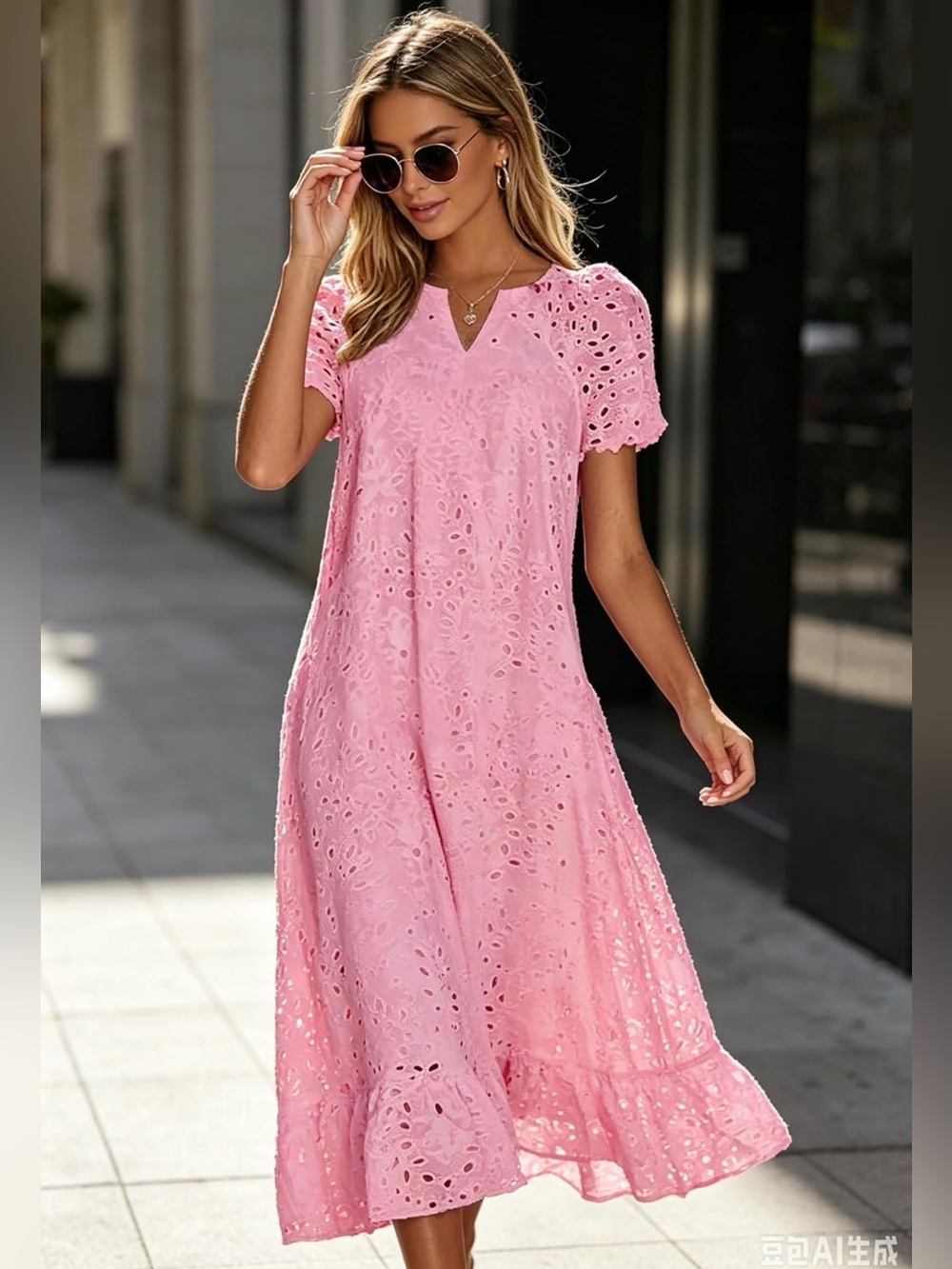 Cottagecore Eyelet Midi Dress Pink - Breezy Summer Style Size XL NWT